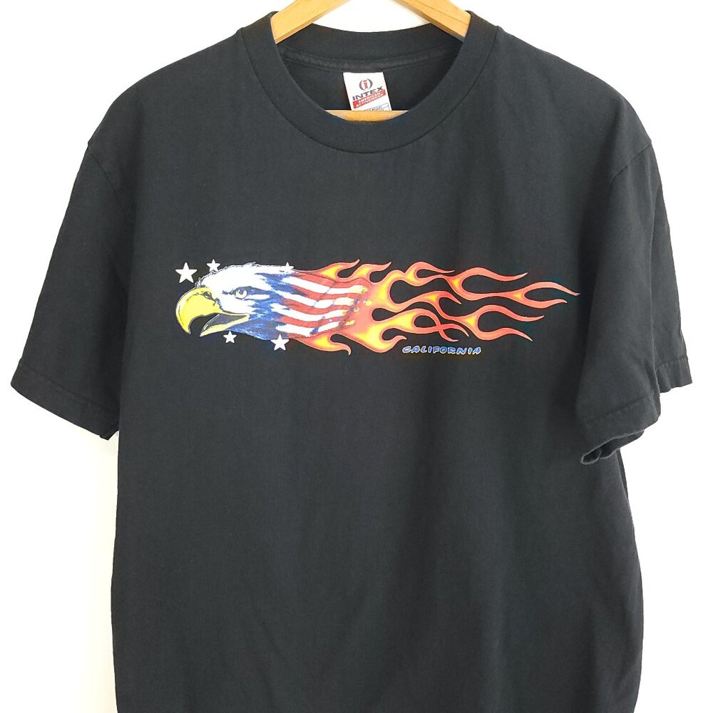 California Eagle Flames Graphic T-Shirt Men's Large Black Intex